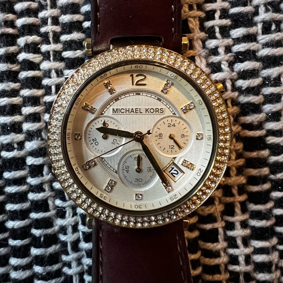 Michael Kors Gold Bling Watch with Brown Leather Band - Picture 2 of 3